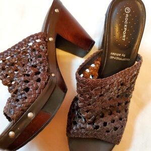 Rockport Braided Woven Studded Leather Chunky Heel Wood Sandals